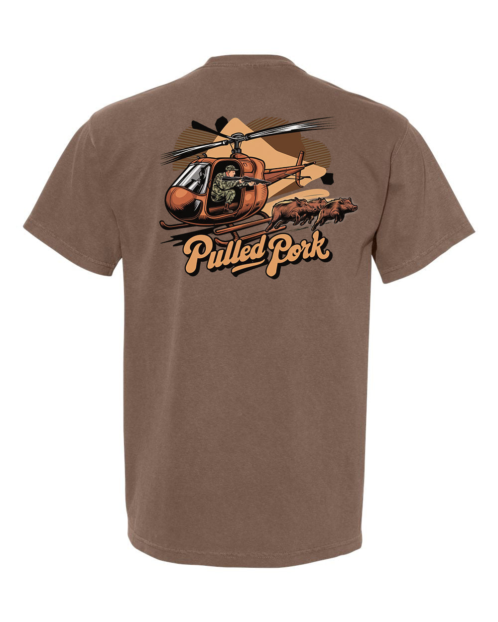 Hog hunting from helicopter graphic t-shirt – dynamic design showcasing a helicopter in action during a hog hunt, ideal tee for hunting enthusiasts and outdoor adventurers.