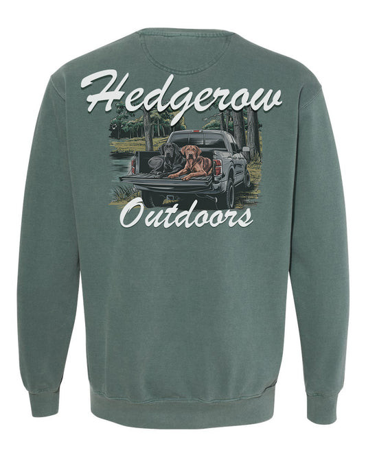 Hedgerow Apparel crewneck for hunters, designed for warmth and durability during cold weather hunts in the outdoors with your dogs