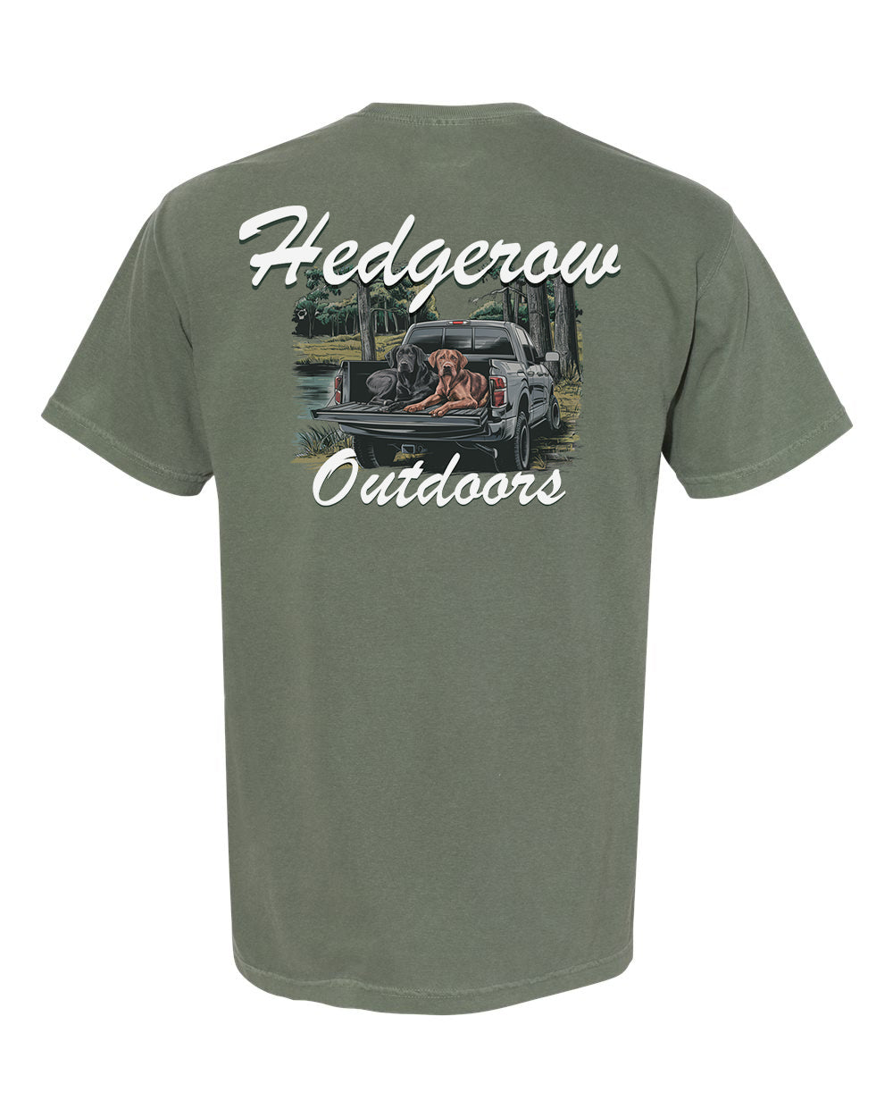 Hunting dogs in truck bed graphic t-shirt – heartwarming design showcasing happy hunting dogs resting in a truck bed, perfect tee for dog lovers and outdoor enthusiasts.