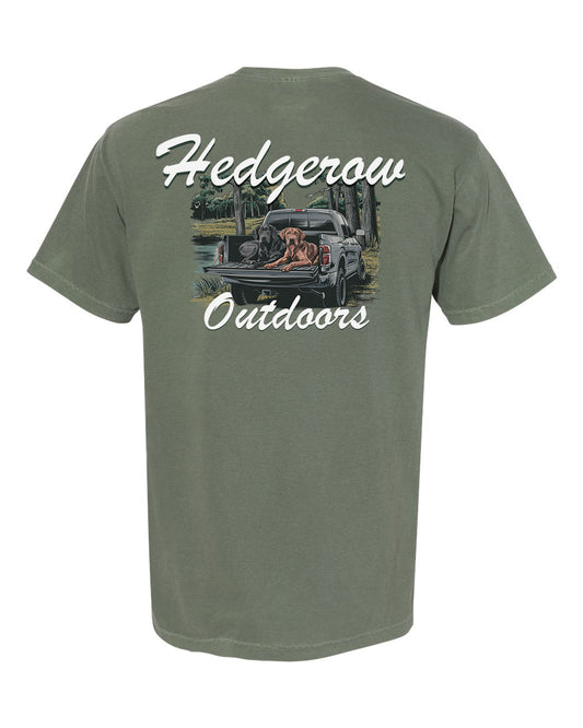 Hunting dogs in truck bed graphic t-shirt – heartwarming design showcasing happy hunting dogs resting in a truck bed, perfect tee for dog lovers and outdoor enthusiasts.