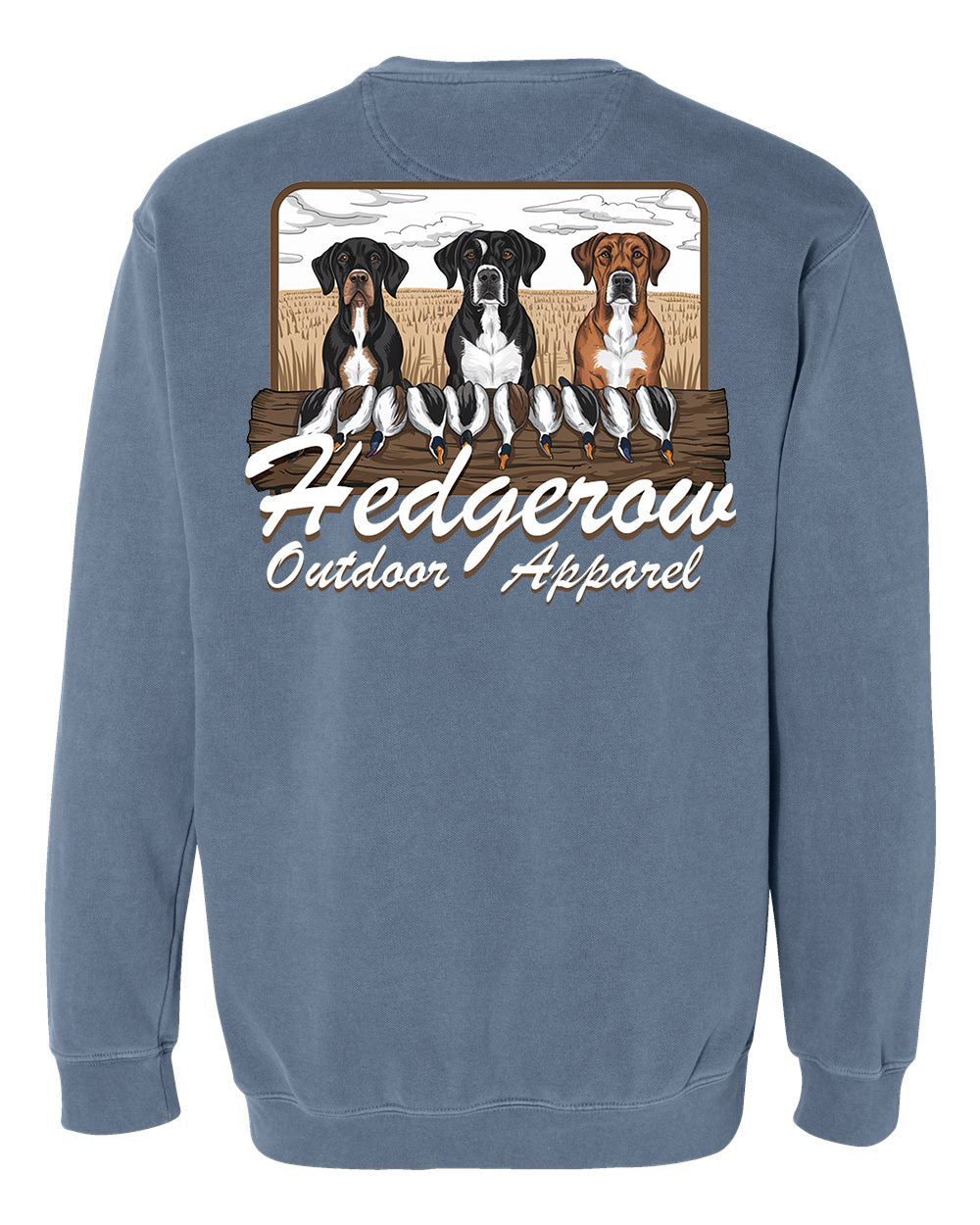 Hedgerow Apparel crewneck for waterfowl duck hunters, designed for warmth and durability during cold weather hunts in the outdoors with your dogs