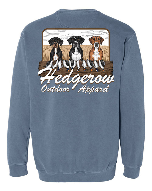 Hedgerow Apparel crewneck for waterfowl duck hunters, designed for warmth and durability during cold weather hunts in the outdoors with your dogs